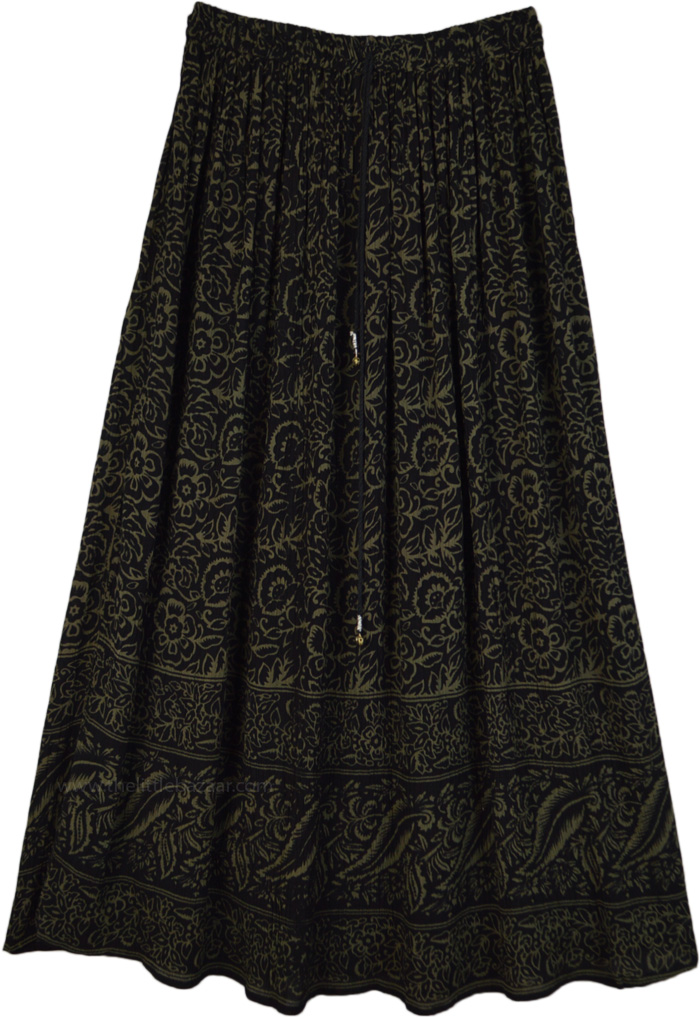 Black and Olive Printed Long Gypsy Skirt