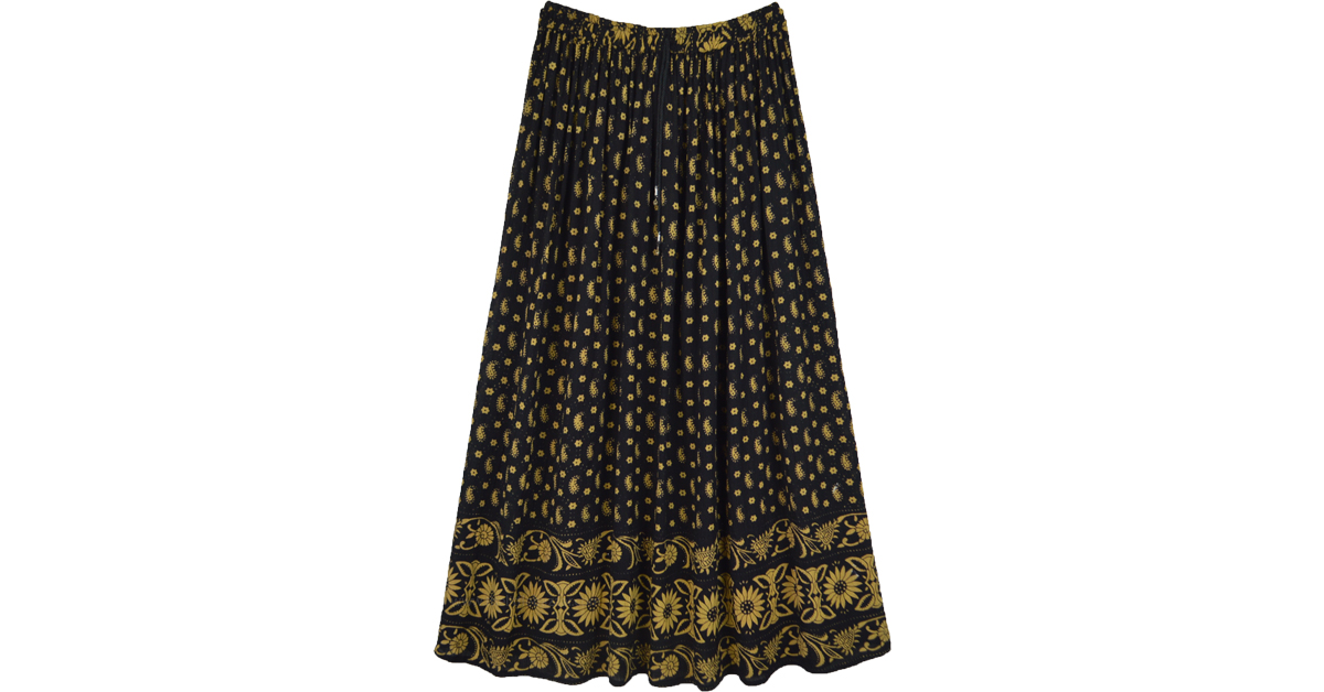 Noir and Mustard Printed Crushed Rayon Casual Skirt | Black | Maxi ...