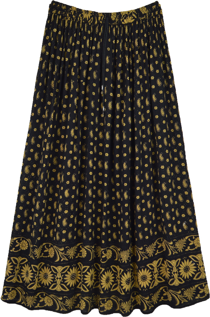 Noir and Mustard Printed Crushed Rayon Casual Skirt