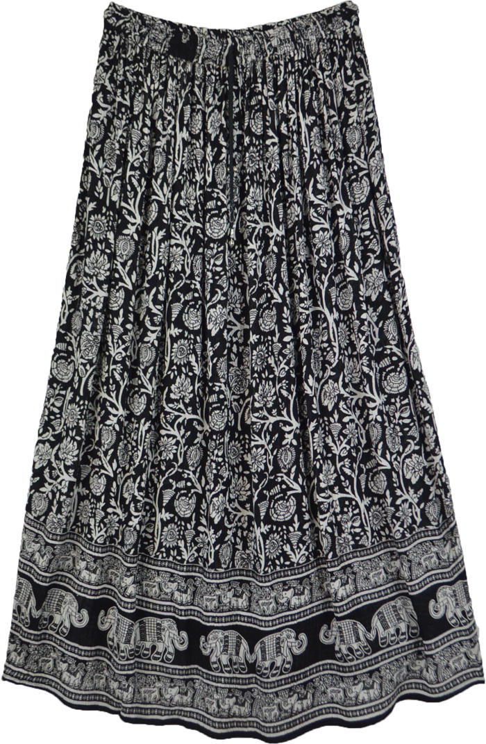 Ethnic Boho Black and White Skirt in Rayon Crepe, Dark ink and Pearl Printed Gypsy Skirt