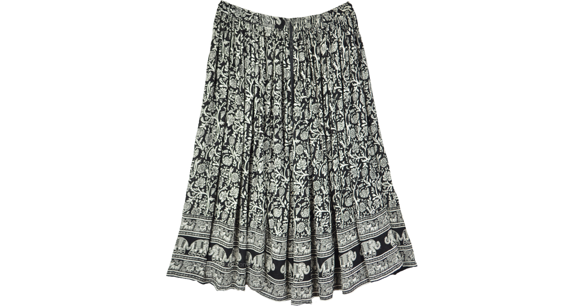 Plus Size Rayon Long Skirt with Floral and Elephant Print Black XL Plus Maxi Skirt Floral Printed Elephant