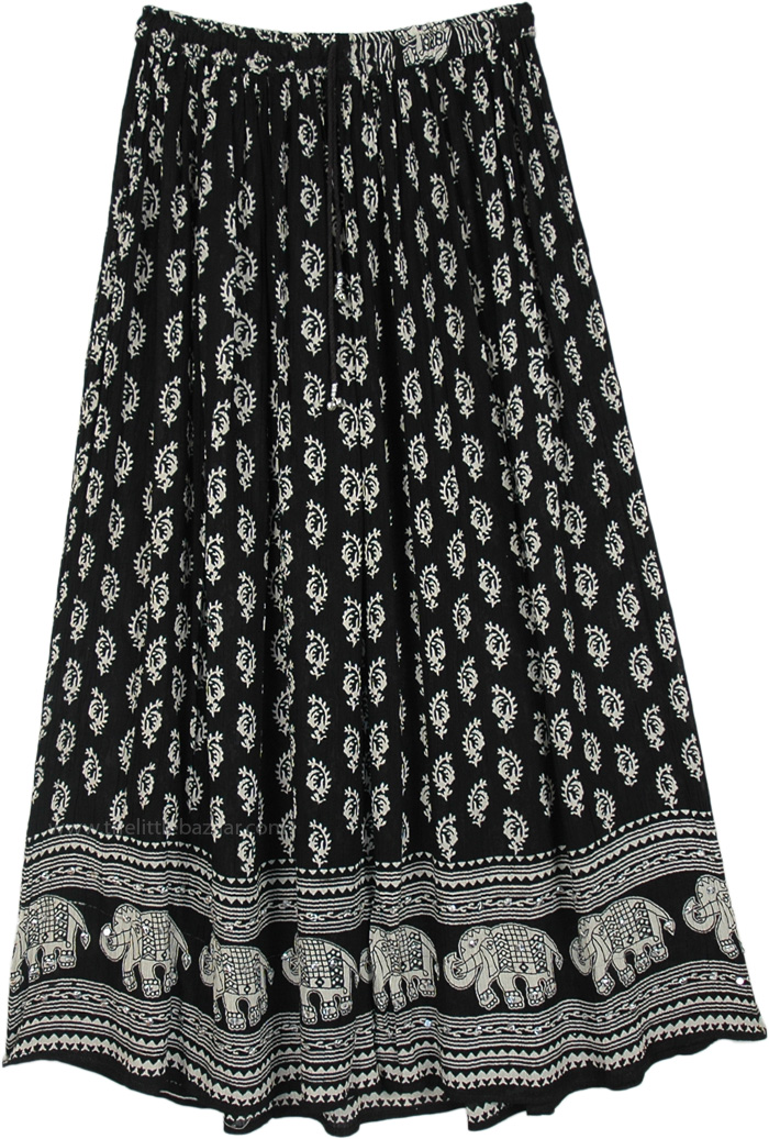 Black White Ethnic Printed Gypsy Skirt with Sequins | Black | Maxi ...