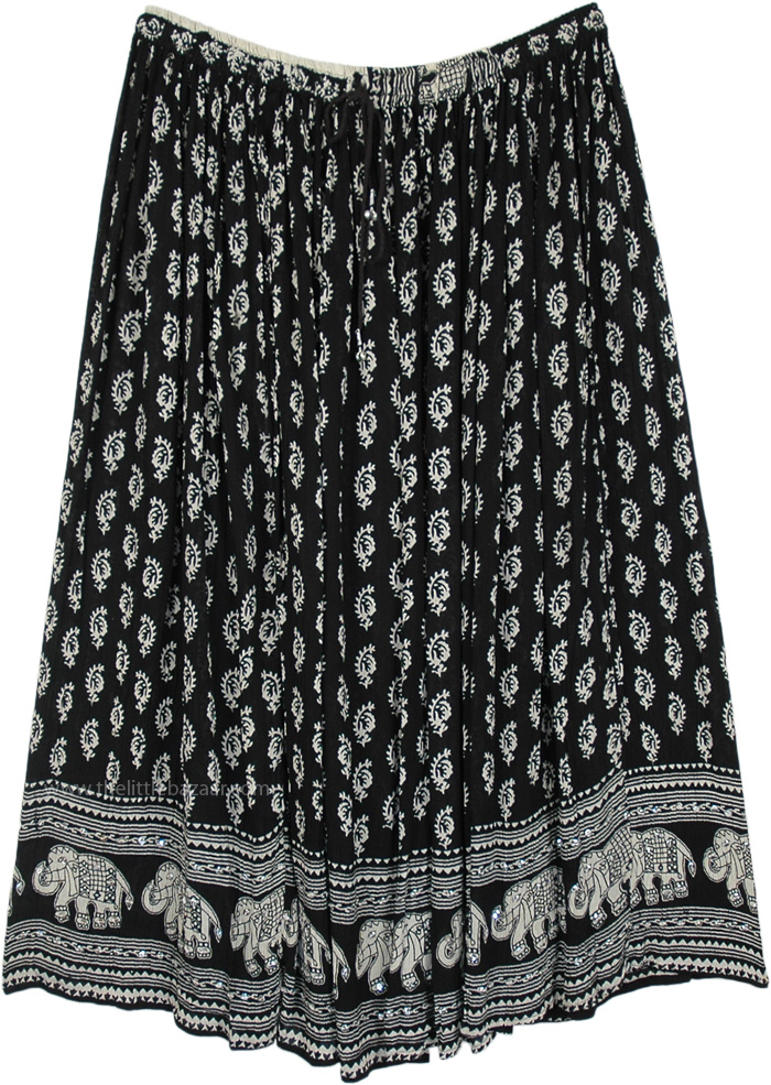 Plus Size Ethnic Printed Black Gypsy Skirt with Sequins