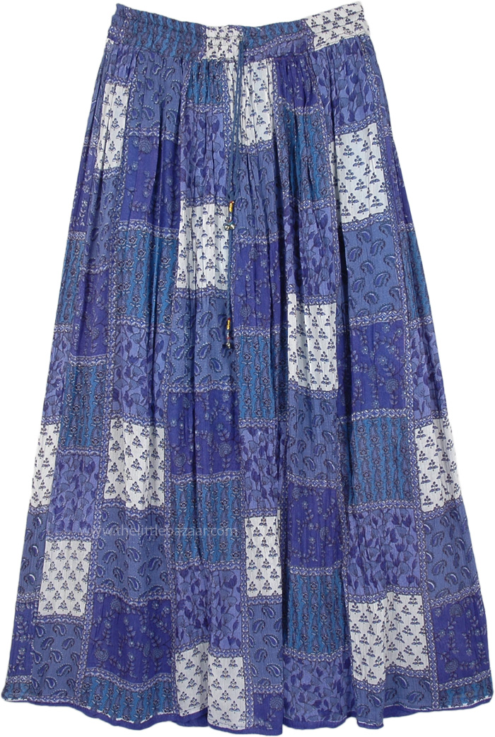 Egyptian Blue Floral Rayon Summer Long Skirt, Egyptian Blue Boho Hippie Rayon Long Skirt