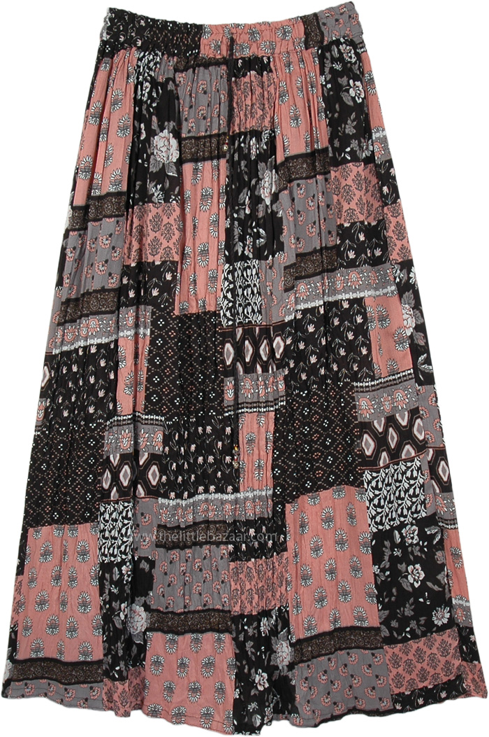 Pink and Black Floral Rayon Summer Long Skirt, Pink Black Floral Boho Rayon Long Skirt