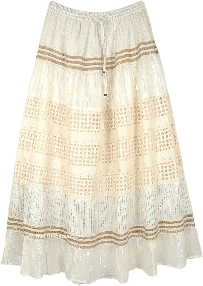 Off White Tiered Lurex Shimmer Skirt with Eyelet Fabric, Off White Shimmer Skirt with Eyelet and Tinsel Accents