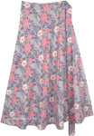 Cotton Wrap Midi Skirt in Grey with Floral Print [7825]