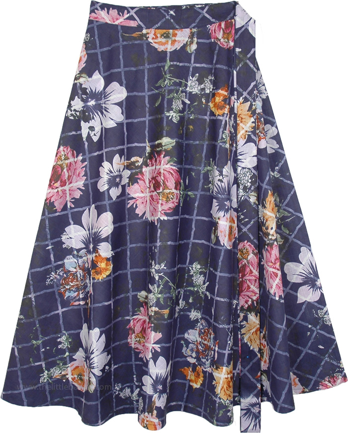Mid Calf Length Cotton Wrap Skirt in Blue with Floral Print, Floral Printed Kashmir Blue Cotton Wrap Around Skirt