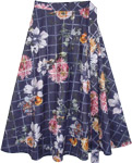 Mid Calf Length Cotton Wrap Skirt in Blue with Floral Print [7828]