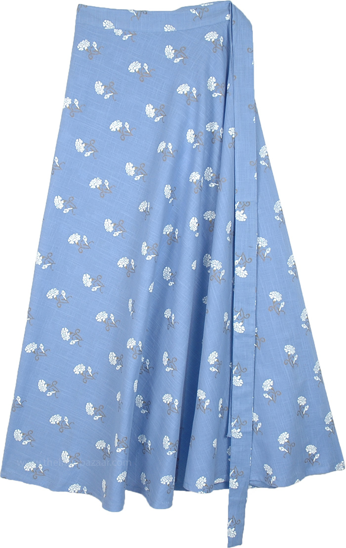 Malibu Blue Cotton Wrap Around Skirt with Floral Print | Blue | Wrap ...