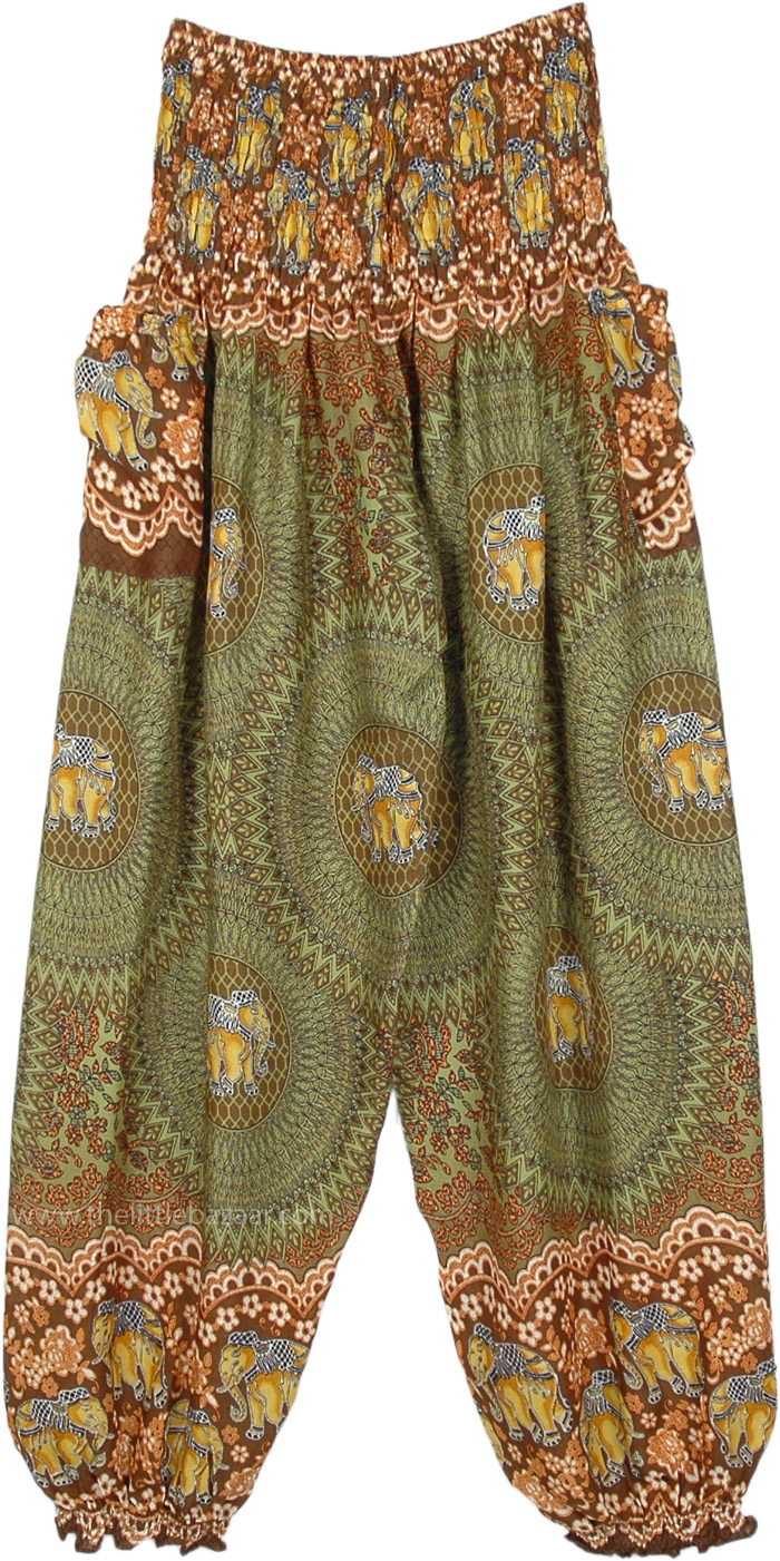 Olive Brown Smocked Waist Ethnic Style Hippie Pants, Elephant Mandala Printed Harem Pants in Olive Green