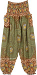 Olive Brown Smocked Waist Ethnic Style Hippie Pants [7836]