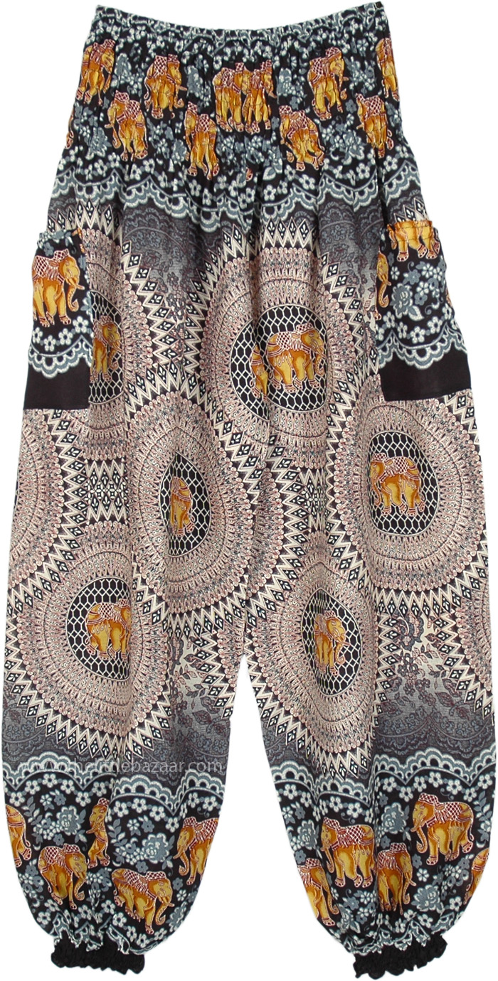 Beige Grey Elastic Bottom Ethnic Style Hippie Pants, Elephant Mandala Print Harem Pants with Pockets