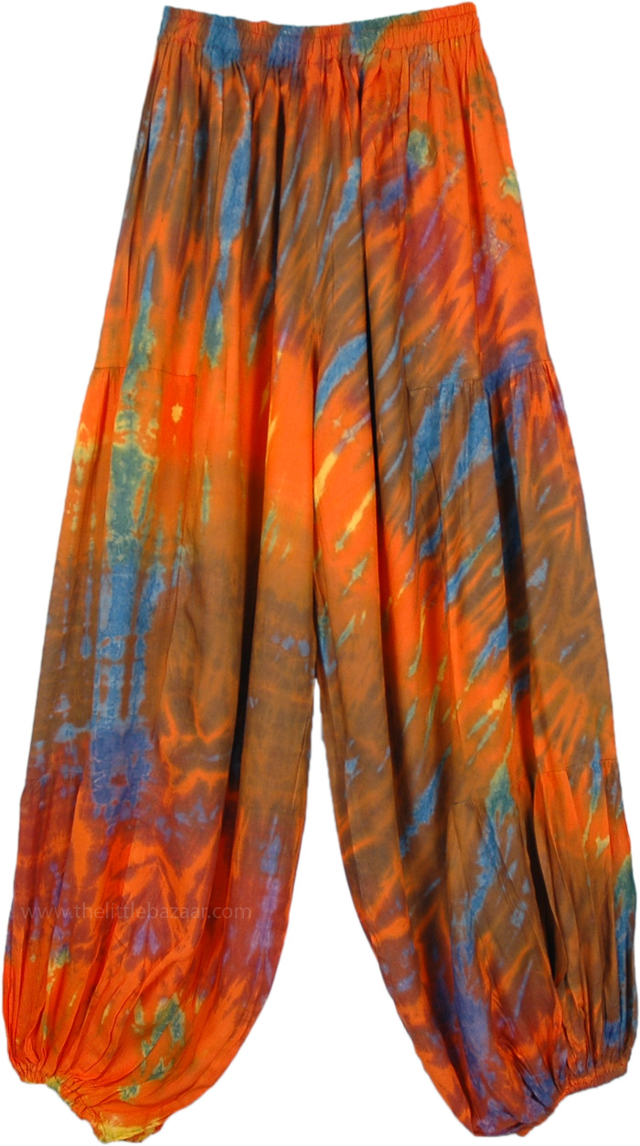Rayon Hippie Beach Pants in Flaming Tie Dye, Tie Dye Orange Flame Elastic Waist Harem Pants