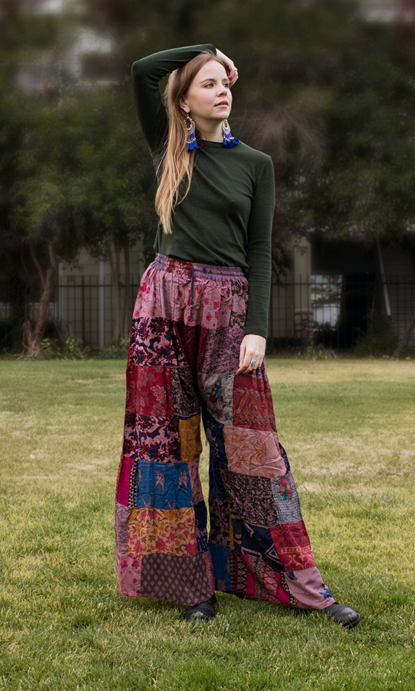 Dusty Mauve Wide Leg Hippie Patchwork Trousers | Purple | Split