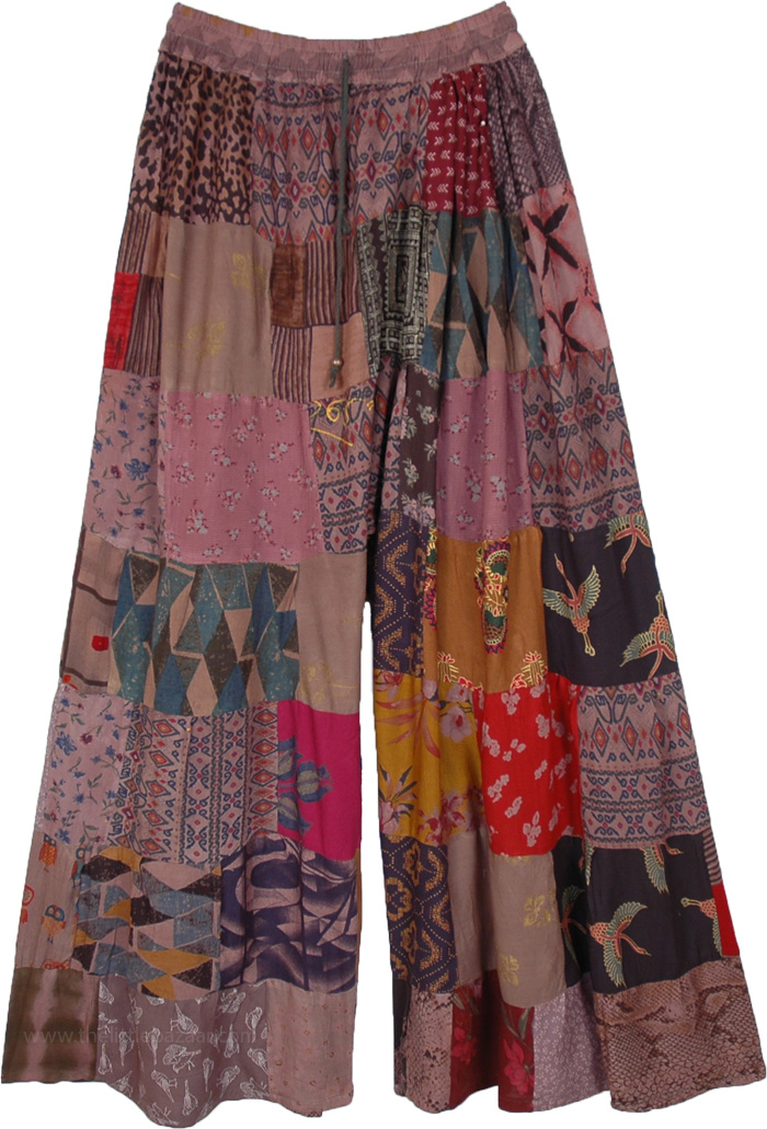 Dusty Mauve Wide Leg Hippie Patchwork Trousers, Purple