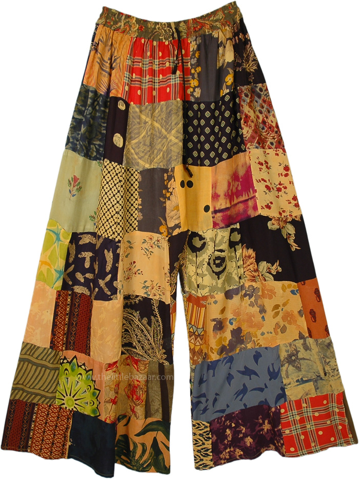 Orange Safari Rayon Patchwork Boho Fall Trousers | Orange | Split ...