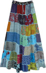 Blue Hues Patchwork Rayon Long Skirt with Thick Thread