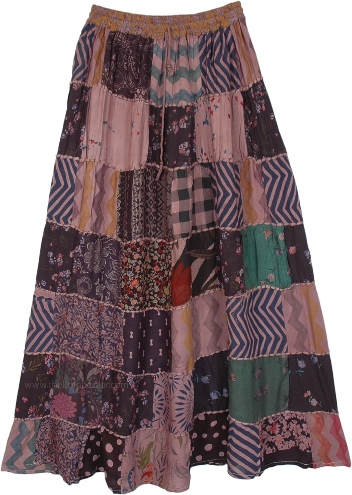 Dusky Pink Mauve Mixed Patchwork Rayon Long Skirt | Pink | Patchwork ...