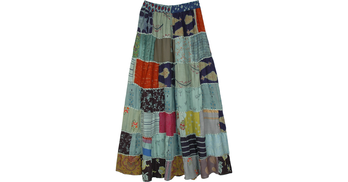 Cascade Green Patchwork Ankle Length Rayon Skirt Green Patchwork