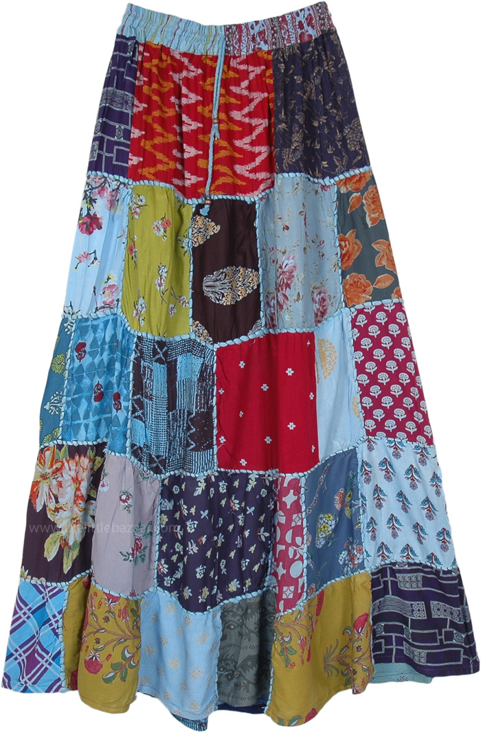Patchwork Long Skirt in Blue Rayon Fabric, Elegant Blues Mixed Patchwork Rayon Long Skirt
