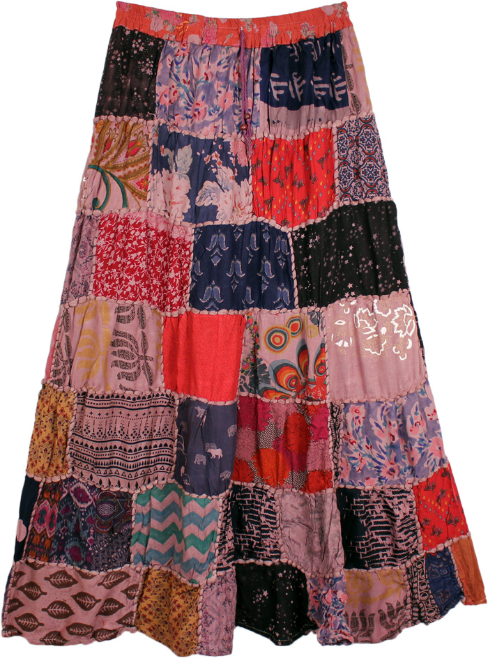 Rose Pink Hues Long Patchwork Boho Skirt in Rayon