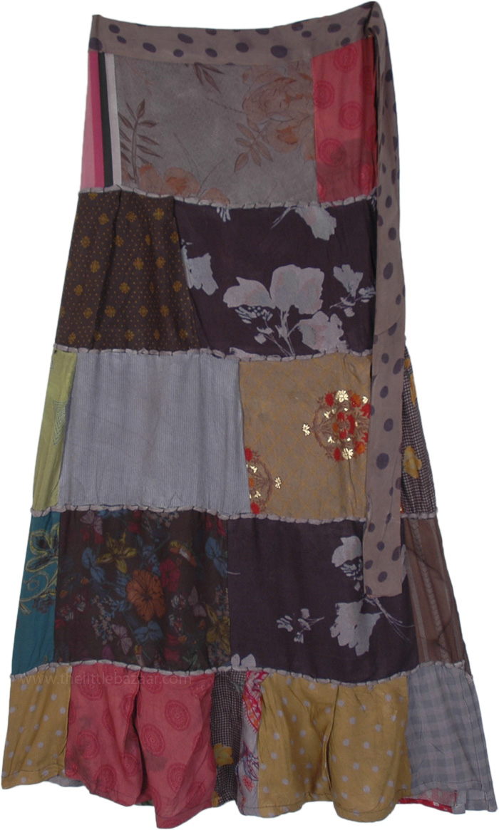 Dusky Grey Patchwork Rayon Long Wrap Skirt