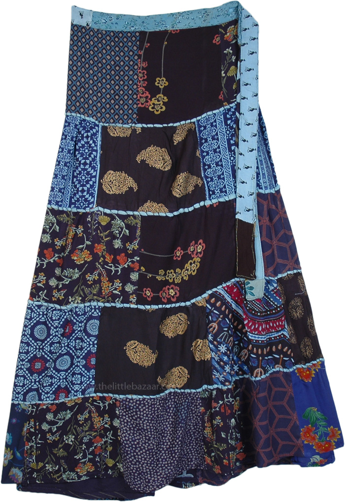 Blue Printed Patchwork Rayon Wrap Around Skirt