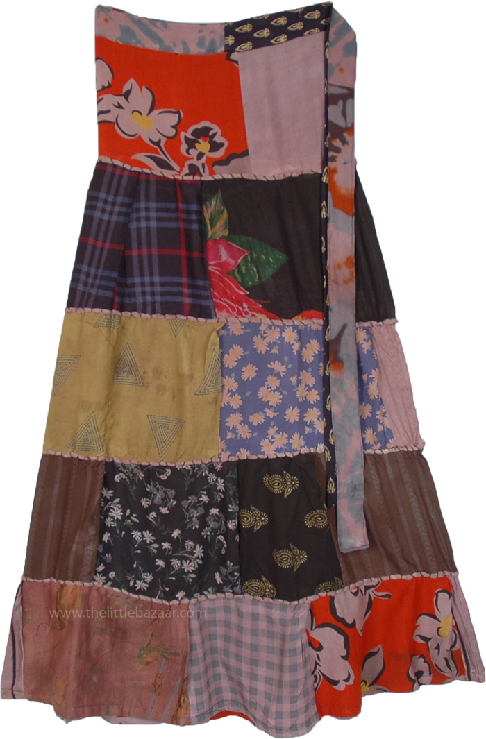 Hippie Patchwork Wrapper Skirt in Funky Mauve Tones, Heather Printed Patchwork Wrap Around Skirt in Rayon