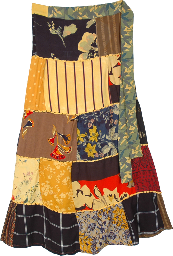 Sunshine Mixed Pattern Patchwork Wrap Around Skirt with Dori