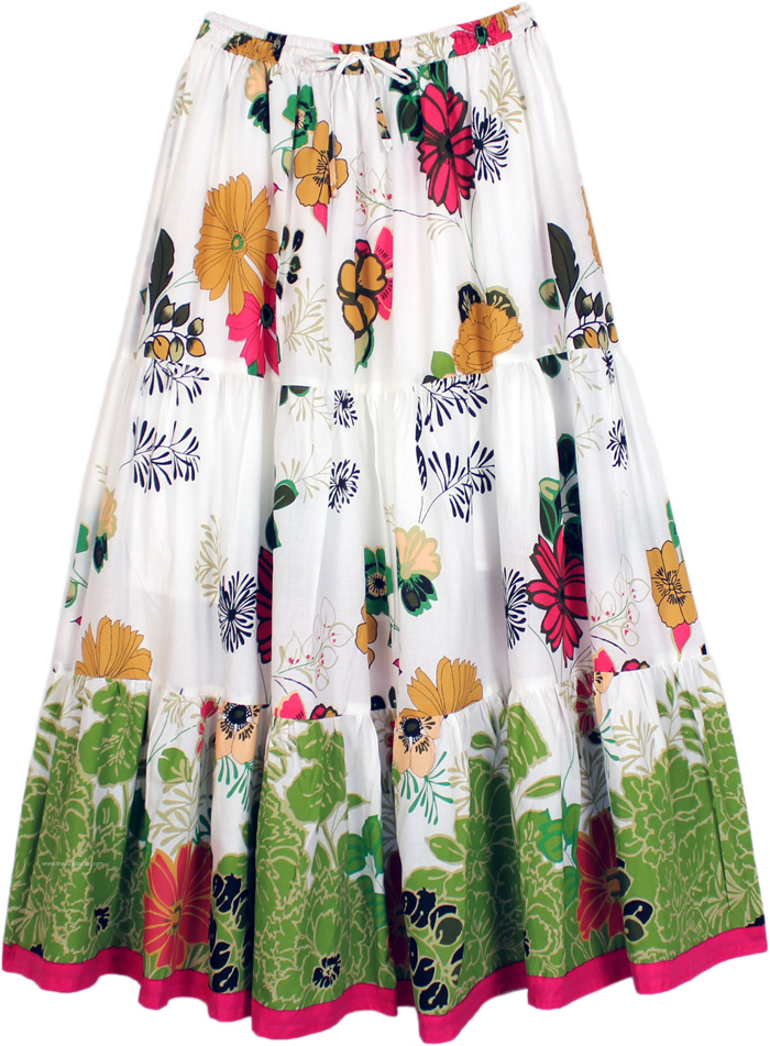 Sale:$18.99 Bright Floral Tiered Printed White Cotton Skirt | Clearance ...