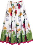 Bright Floral Tiered Printed White Cotton Skirt