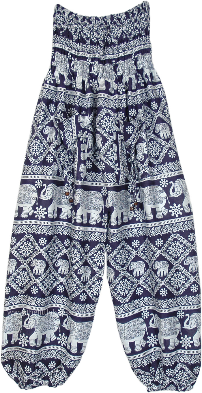 Ethnic Elephant Print Smocked Harem Pants in Blue