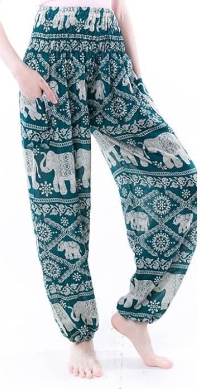 Green Harem Pants with Elephant Print and Pockets | Green | Split ...
