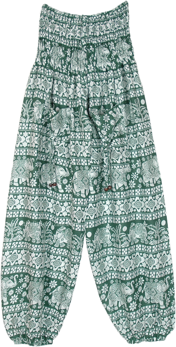 Green Harem Pants with Elephant Print and Pockets, Green