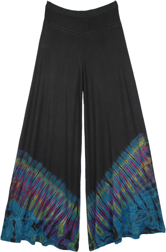 Teal Wave Stretchy Palazzo Pants with Tie Dye | Black | Split-Skirts ...