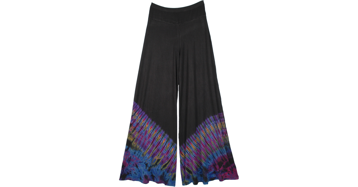 Stretchy Black Palazzo Pants with Navy Blue Tie Dye | Black