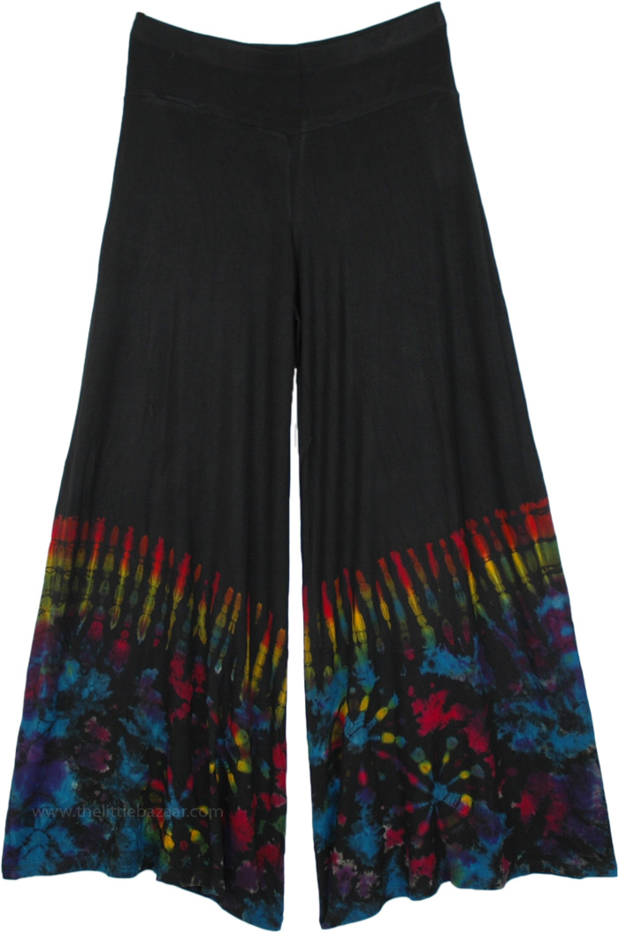 Yoga Pants in Black Rainbow Hand Tie Dyed at Bottom, Hippie Celebration Rainbow Tie Dye Wide Leg Pants