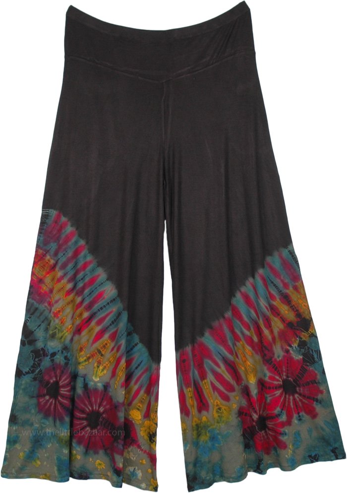 Yoga Pants in Black Hand Tie Dyed at Bottom, Green Tie Dye Bloomer Hippie Wide Leg Pants