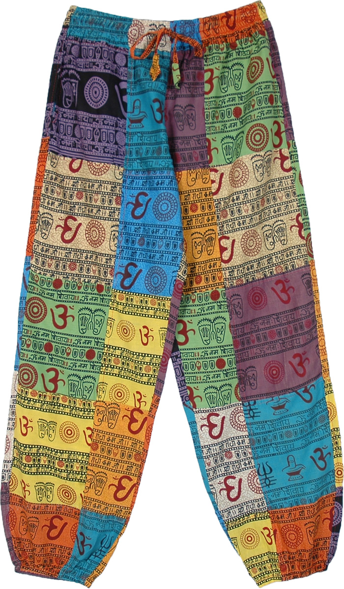 Unisex Om Print Yoga Boho Gypsy Harem Pants Trouser, Multicolored Om Patchwork Boho Pants with Cuffed Ankles