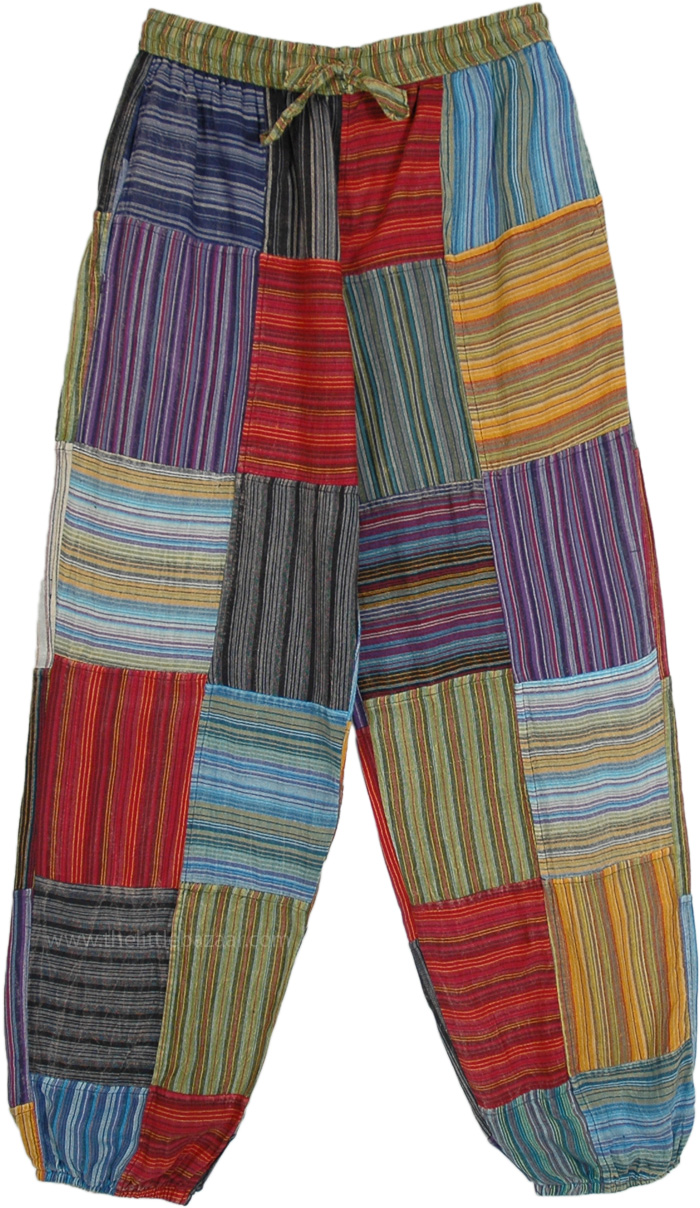 Unisex Yoga Boho Gypsy Harem Pants with Patchwork, Multicolored Striped Patchwork Boho Harem Cotton Pants