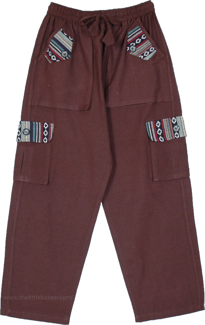 Bark Brown Unisex Cotton Trousers with Cargo Pockets
