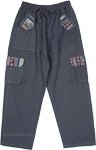 Dark Gray Cotton Boho Trousers with Pockets and Drawstrings [7978]