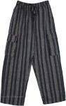 Cotton Unisex Beach Trousers in Black and Gray with Striped Print [7980]