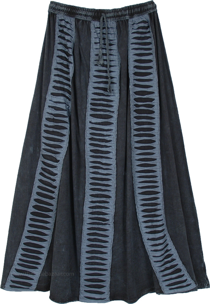 Stonewashed Black Boho Long Skirt with Ripped Vertical Patches, Black Gray Elastic Drawstring Waist Boho Long Skirt