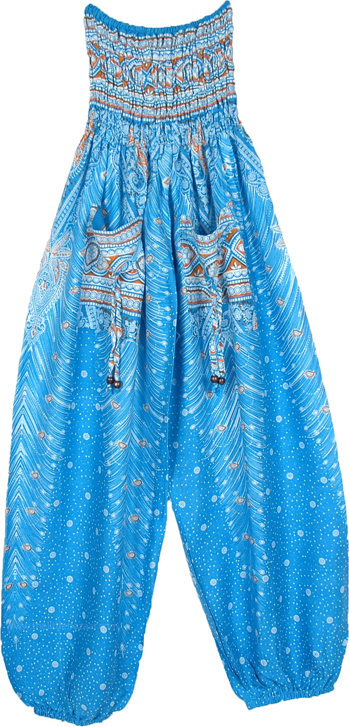 Smocked Waist Blue Hippie Pants with Front Pockets, Womens High Waist Yoga Harem Pants with Pockets