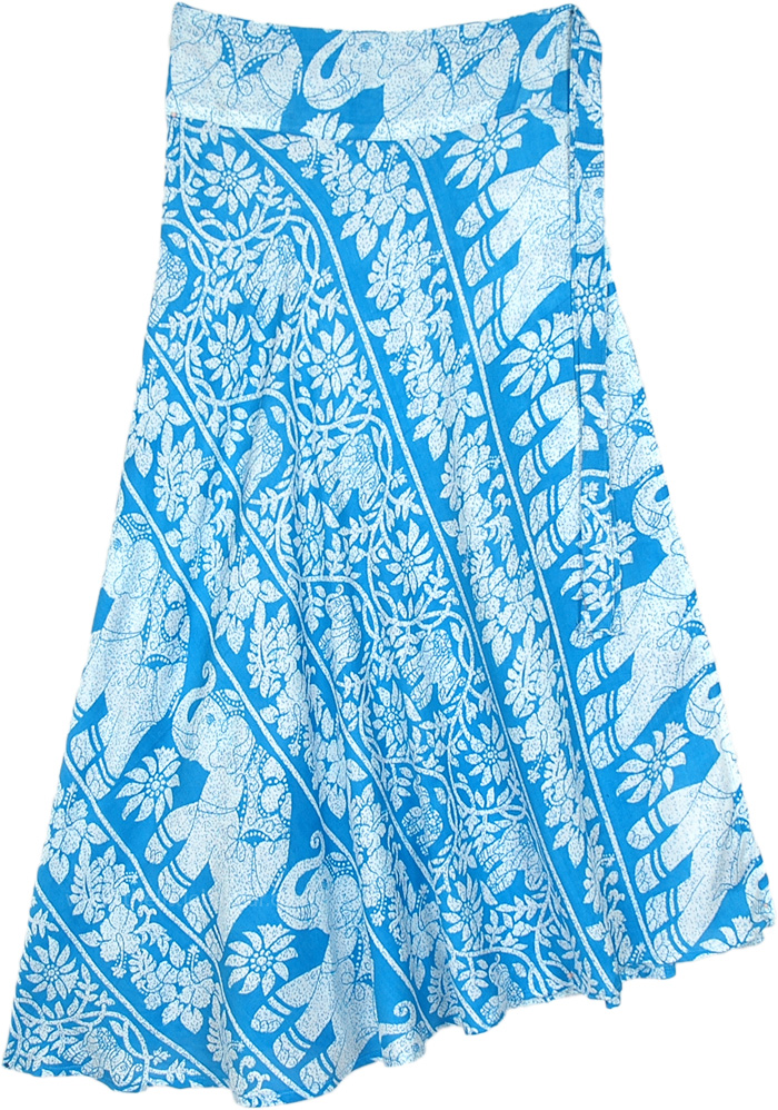 Blue and White Elephant Print Mid Length Wrap Skirt
