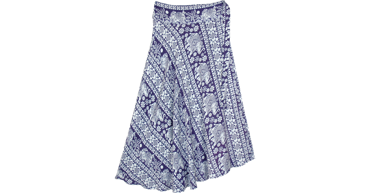 Ethnic Elephant Print Boho Mid Length Wrap Skirt in Navy | Blue | Wrap ...