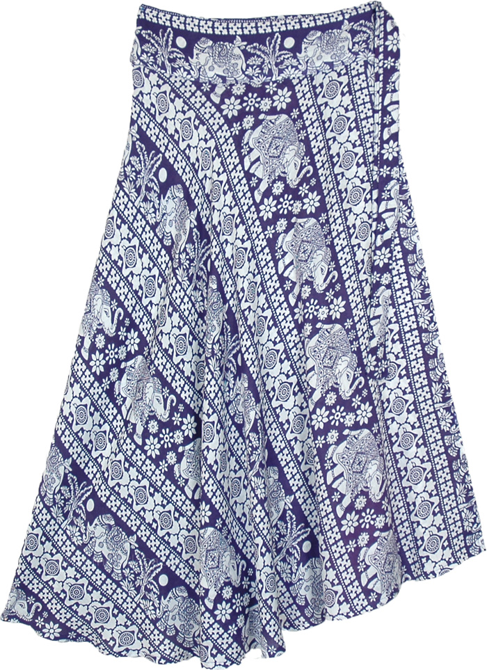 Navy Blue and White Elephant Wrap Around Skirt, Ethnic Elephant Print Boho Mid Length Wrap Skirt in Navy