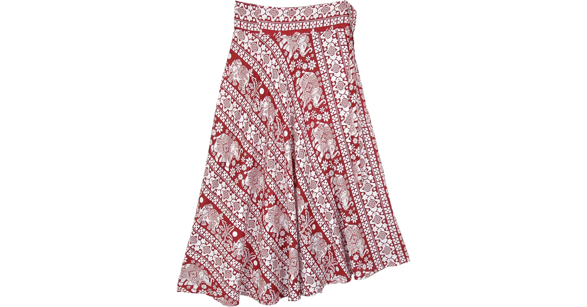 Red and White Elephant Print Mid Length Wrap Skirt | Red | Wrap-Around ...